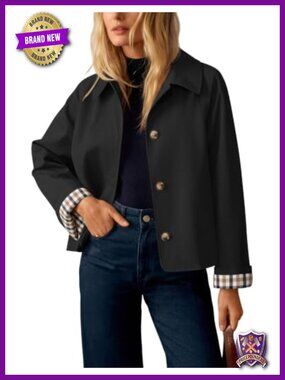 ZESICA Cropped Trench Coat Plaid Button Front Fall Jacket